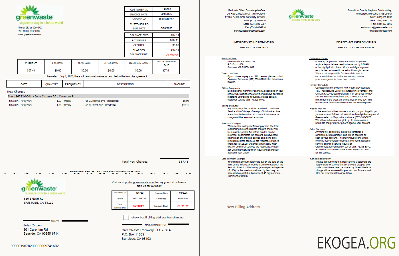 USA Green Waste utility bill template in Word and PDF formats, 2 pages